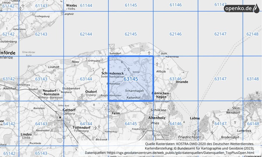 Übersichtskarte des KOSTRA-DWD-2020-Rasterfeldes Nr. 63145