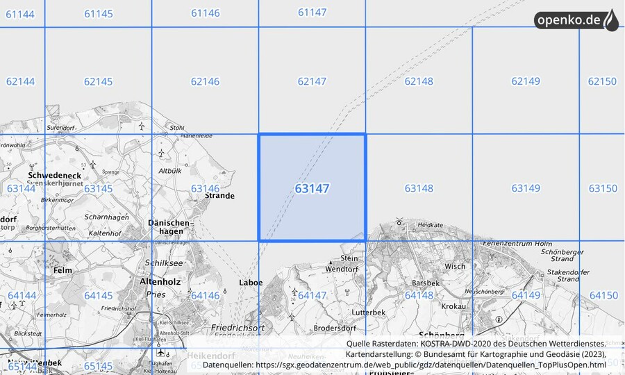 Übersichtskarte des KOSTRA-DWD-2020-Rasterfeldes Nr. 63147
