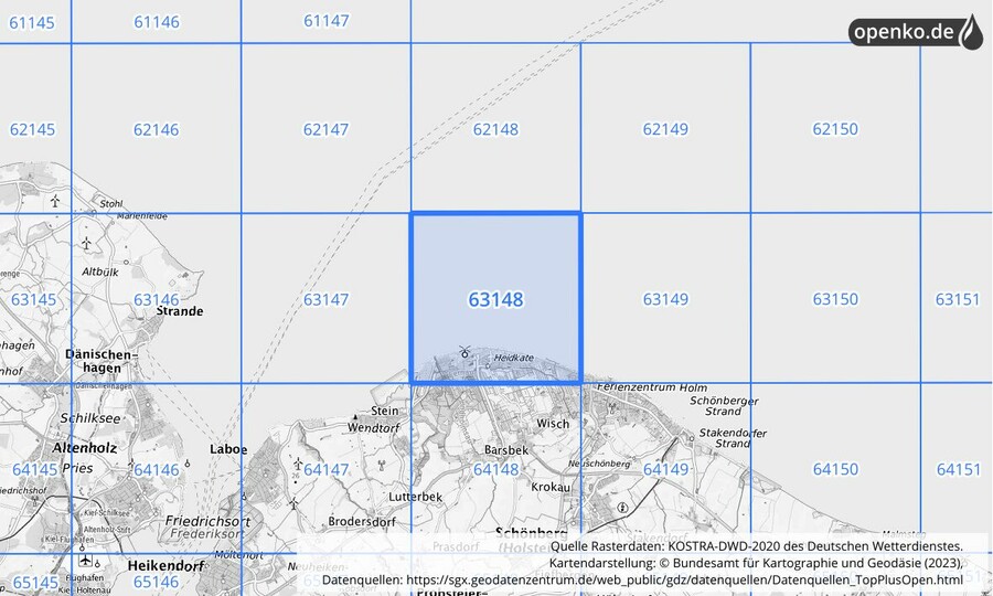 Übersichtskarte des KOSTRA-DWD-2020-Rasterfeldes Nr. 63148