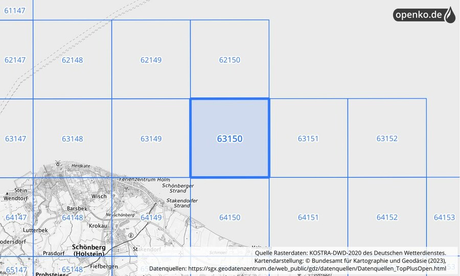 Übersichtskarte des KOSTRA-DWD-2020-Rasterfeldes Nr. 63150