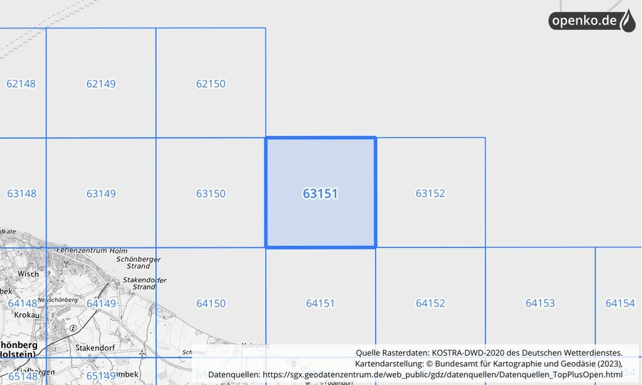 Übersichtskarte des KOSTRA-DWD-2020-Rasterfeldes Nr. 63151