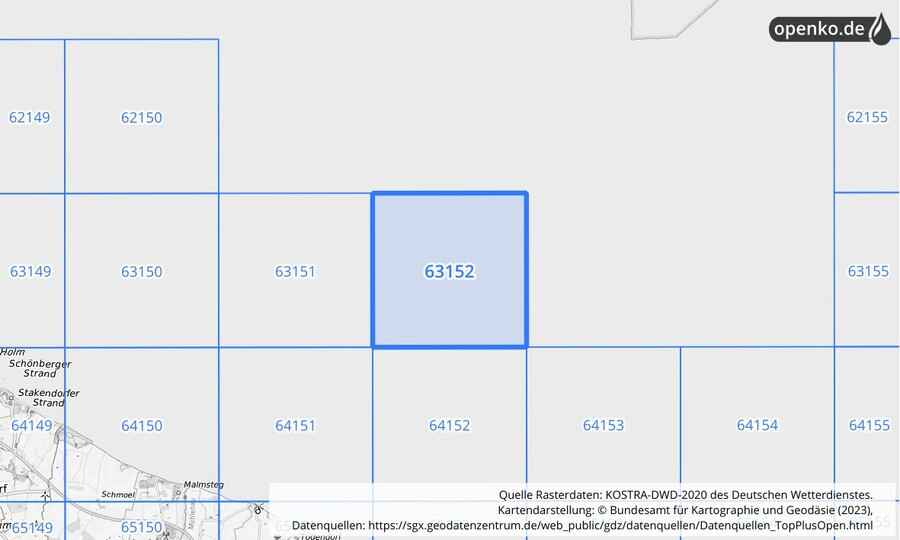 Übersichtskarte des KOSTRA-DWD-2020-Rasterfeldes Nr. 63152