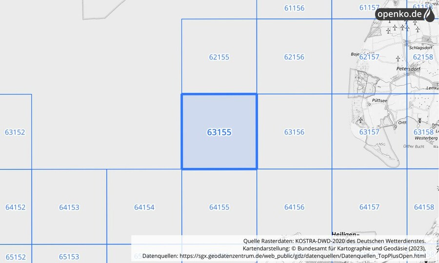 Übersichtskarte des KOSTRA-DWD-2020-Rasterfeldes Nr. 63155