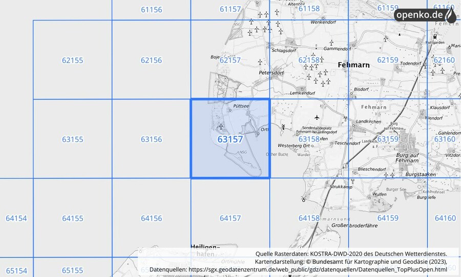 Übersichtskarte des KOSTRA-DWD-2020-Rasterfeldes Nr. 63157