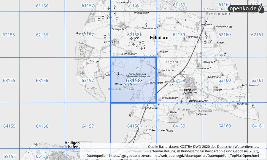 Übersichtskarte des KOSTRA-DWD-2020-Rasterfeldes Nr. 63158