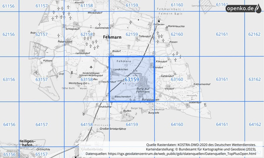 Übersichtskarte des KOSTRA-DWD-2020-Rasterfeldes Nr. 63159