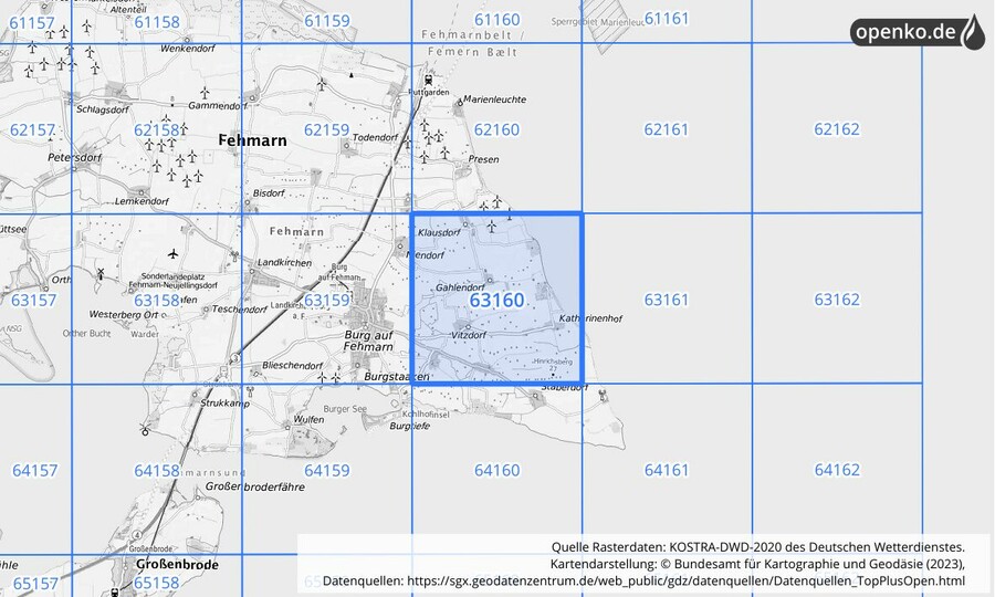 Übersichtskarte des KOSTRA-DWD-2020-Rasterfeldes Nr. 63160