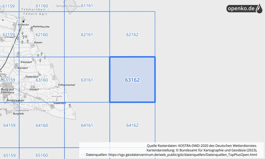 Übersichtskarte des KOSTRA-DWD-2020-Rasterfeldes Nr. 63162