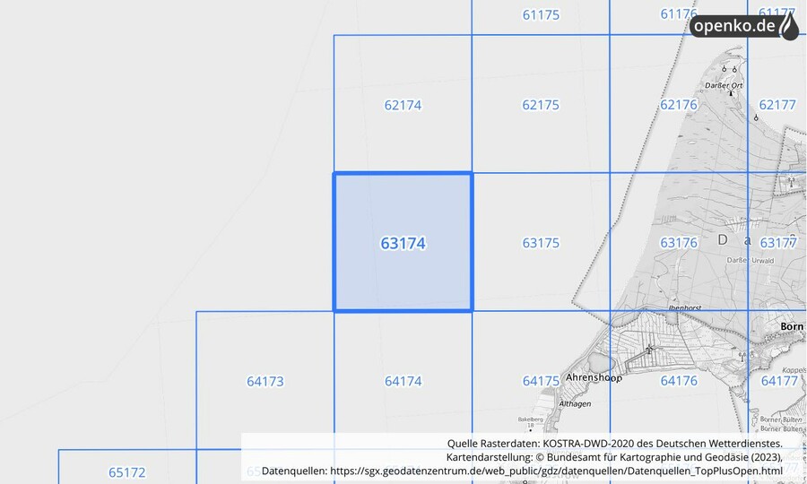 Übersichtskarte des KOSTRA-DWD-2020-Rasterfeldes Nr. 63174