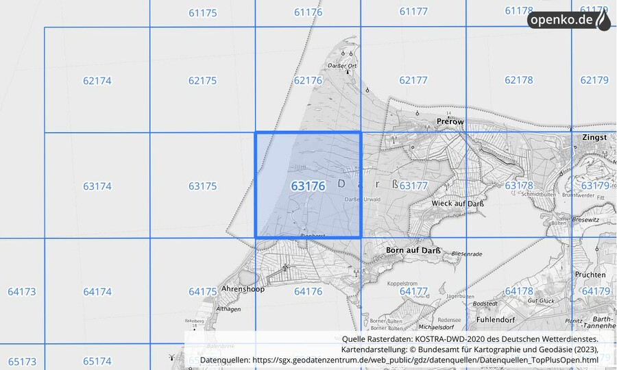 Übersichtskarte des KOSTRA-DWD-2020-Rasterfeldes Nr. 63176