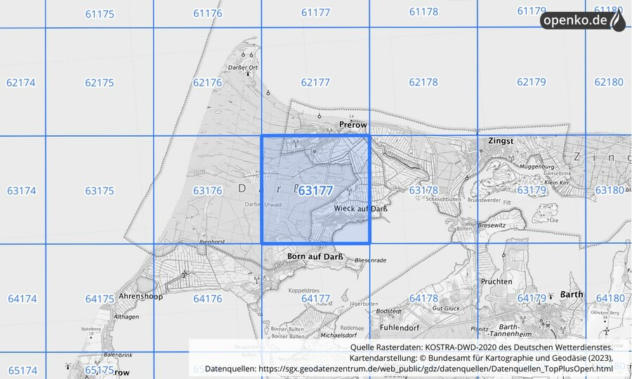 Übersichtskarte des KOSTRA-DWD-2020-Rasterfeldes Nr. 63177