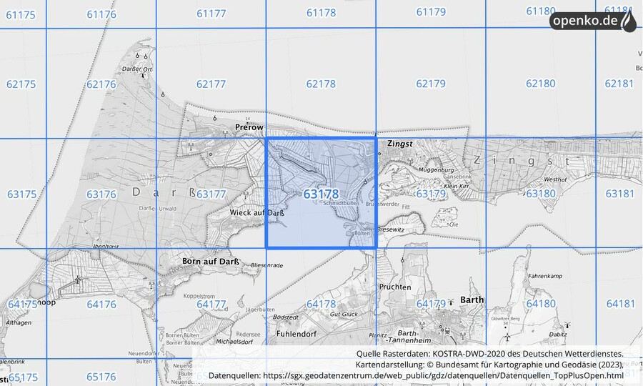 Übersichtskarte des KOSTRA-DWD-2020-Rasterfeldes Nr. 63178