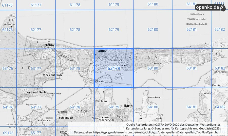 Übersichtskarte des KOSTRA-DWD-2020-Rasterfeldes Nr. 63179