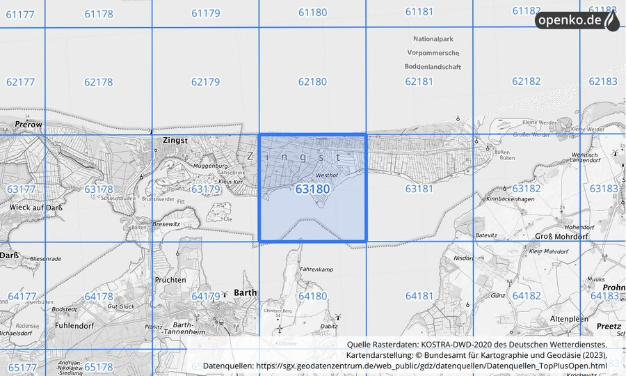 Übersichtskarte des KOSTRA-DWD-2020-Rasterfeldes Nr. 63180