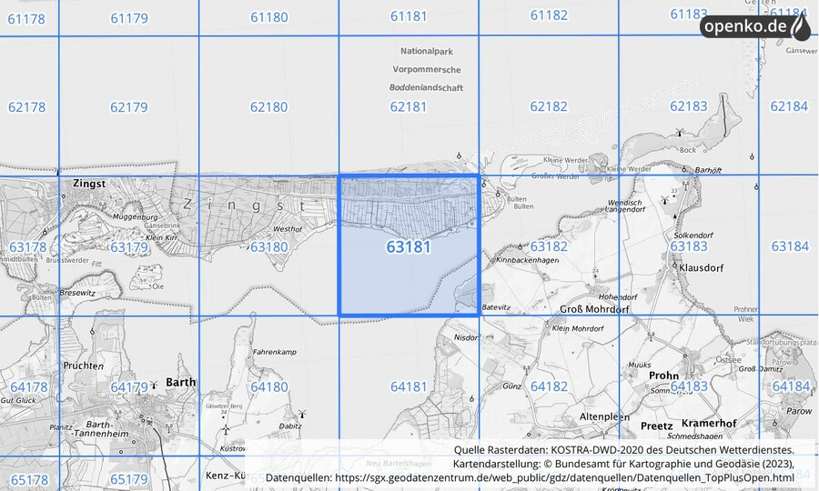 Übersichtskarte des KOSTRA-DWD-2020-Rasterfeldes Nr. 63181