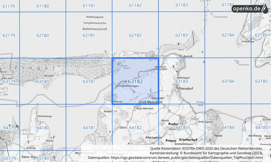 Übersichtskarte des KOSTRA-DWD-2020-Rasterfeldes Nr. 63182