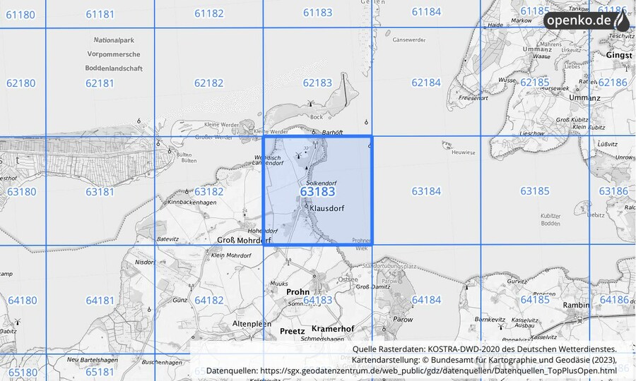Übersichtskarte des KOSTRA-DWD-2020-Rasterfeldes Nr. 63183