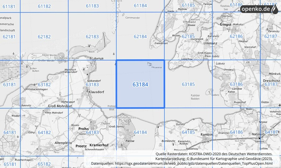 Übersichtskarte des KOSTRA-DWD-2020-Rasterfeldes Nr. 63184