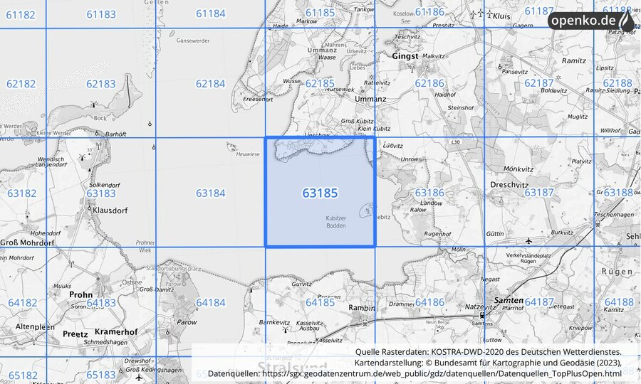 Übersichtskarte des KOSTRA-DWD-2020-Rasterfeldes Nr. 63185