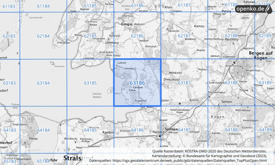 Übersichtskarte des KOSTRA-DWD-2020-Rasterfeldes Nr. 63186