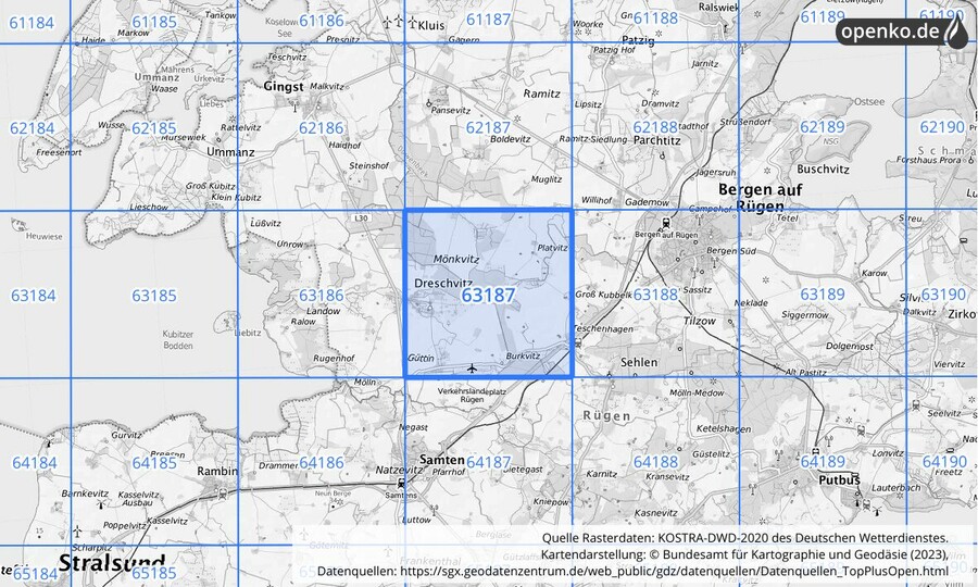 Übersichtskarte des KOSTRA-DWD-2020-Rasterfeldes Nr. 63187