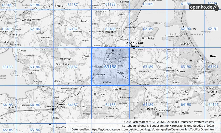 Übersichtskarte des KOSTRA-DWD-2020-Rasterfeldes Nr. 63188