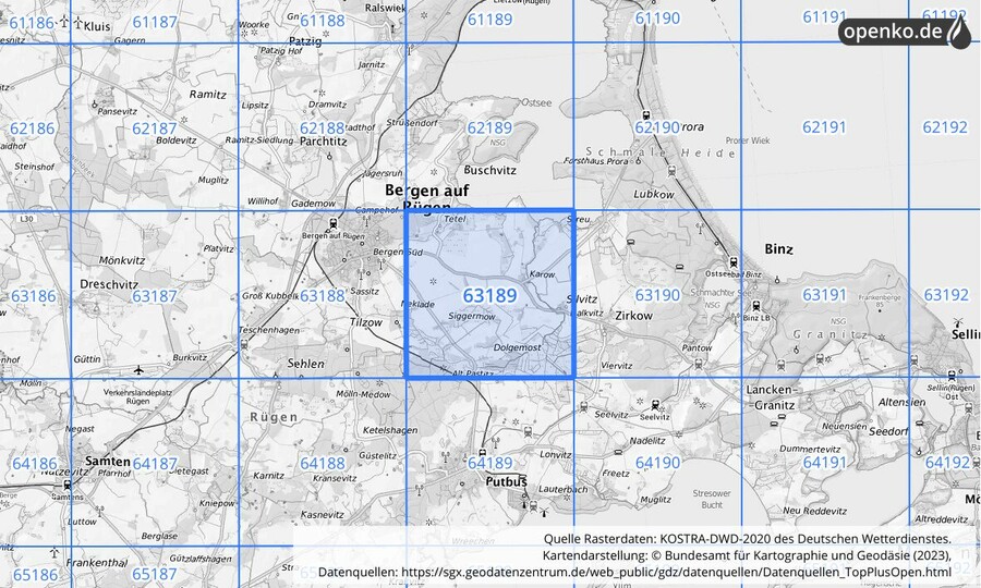 Übersichtskarte des KOSTRA-DWD-2020-Rasterfeldes Nr. 63189