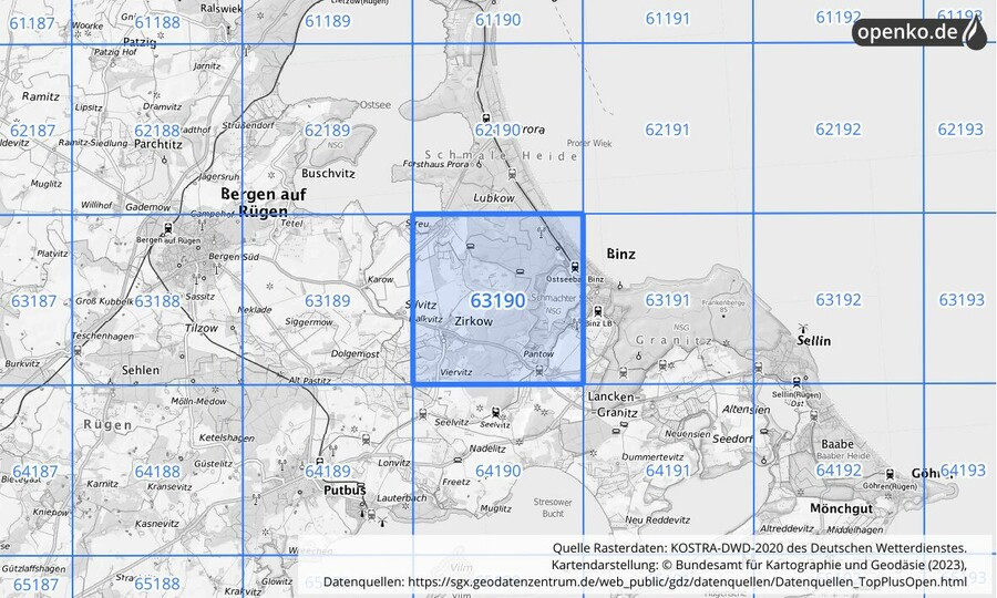 Übersichtskarte des KOSTRA-DWD-2020-Rasterfeldes Nr. 63190