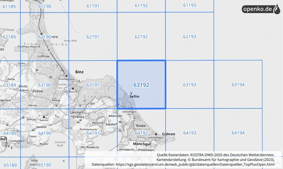 Übersichtskarte des KOSTRA-DWD-2020-Rasterfeldes Nr. 63192