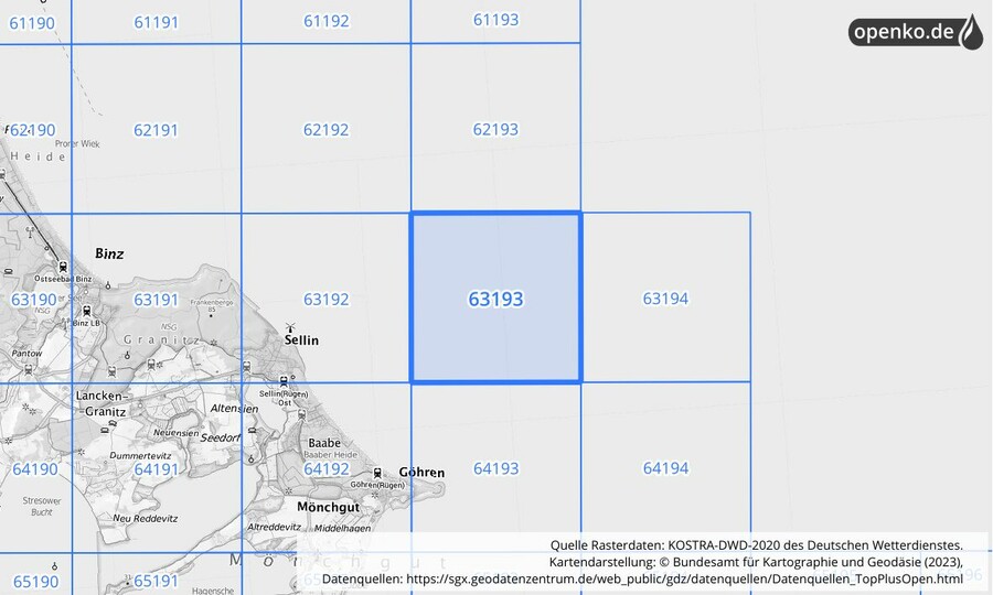 Übersichtskarte des KOSTRA-DWD-2020-Rasterfeldes Nr. 63193