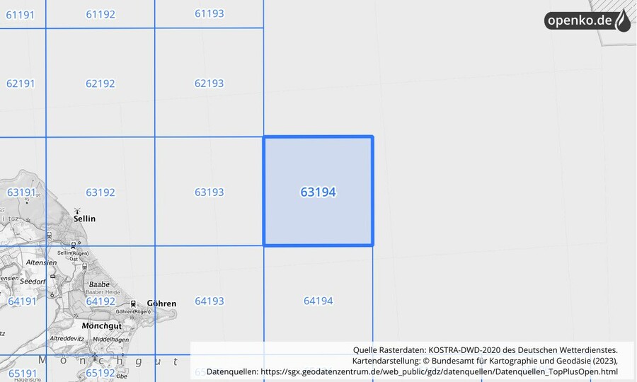 Übersichtskarte des KOSTRA-DWD-2020-Rasterfeldes Nr. 63194