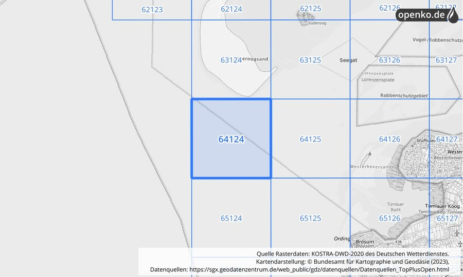 Übersichtskarte des KOSTRA-DWD-2020-Rasterfeldes Nr. 64124