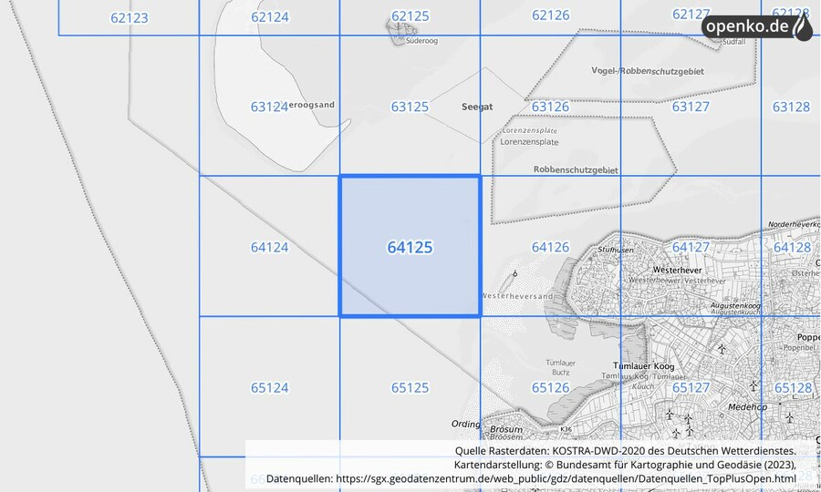 Übersichtskarte des KOSTRA-DWD-2020-Rasterfeldes Nr. 64125