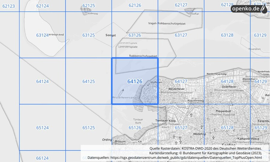 Übersichtskarte des KOSTRA-DWD-2020-Rasterfeldes Nr. 64126