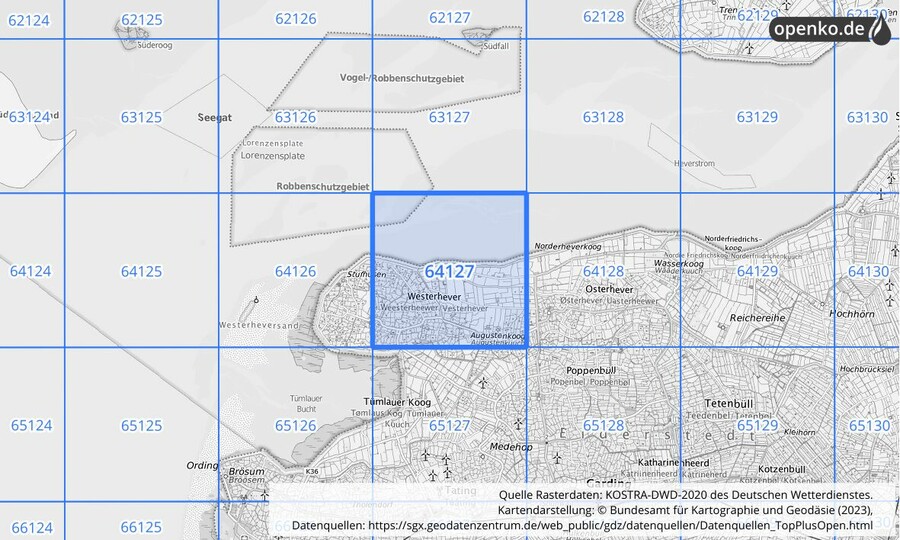 Übersichtskarte des KOSTRA-DWD-2020-Rasterfeldes Nr. 64127