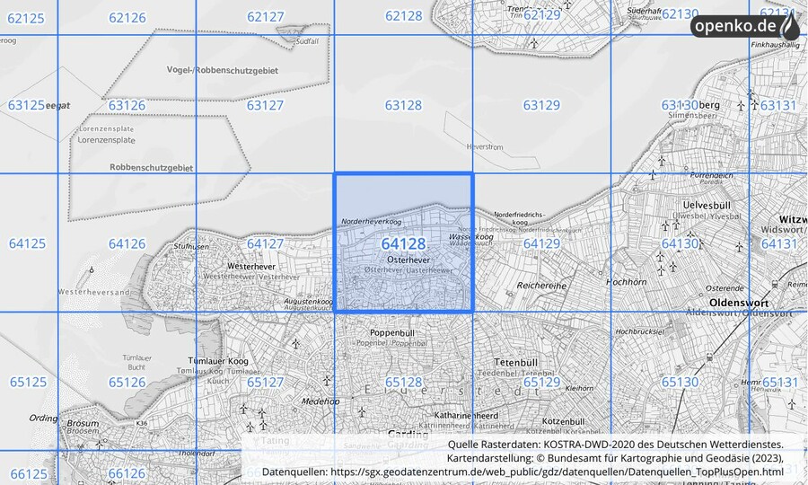 Übersichtskarte des KOSTRA-DWD-2020-Rasterfeldes Nr. 64128