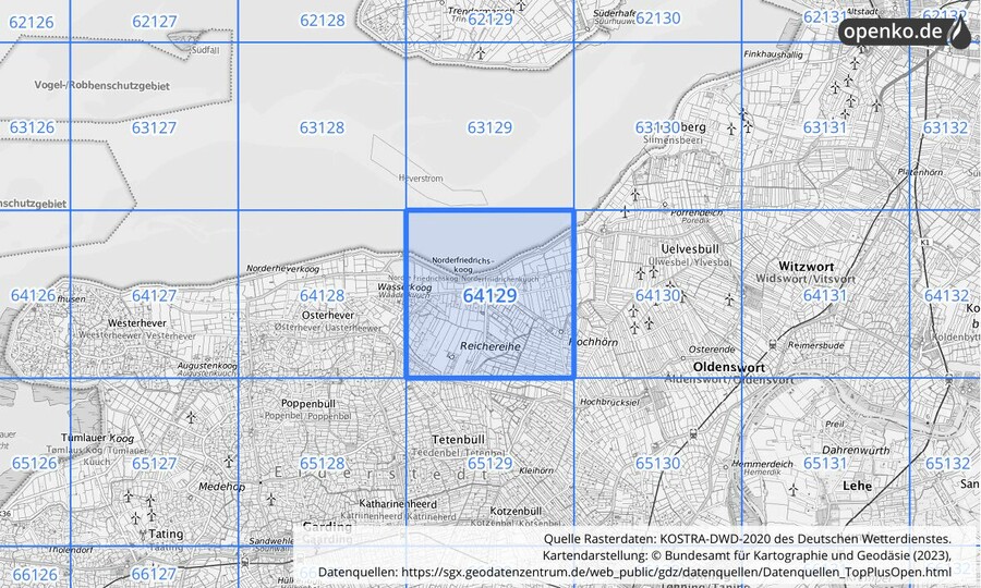 Übersichtskarte des KOSTRA-DWD-2020-Rasterfeldes Nr. 64129