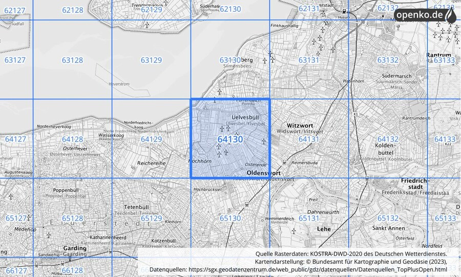 Übersichtskarte des KOSTRA-DWD-2020-Rasterfeldes Nr. 64130