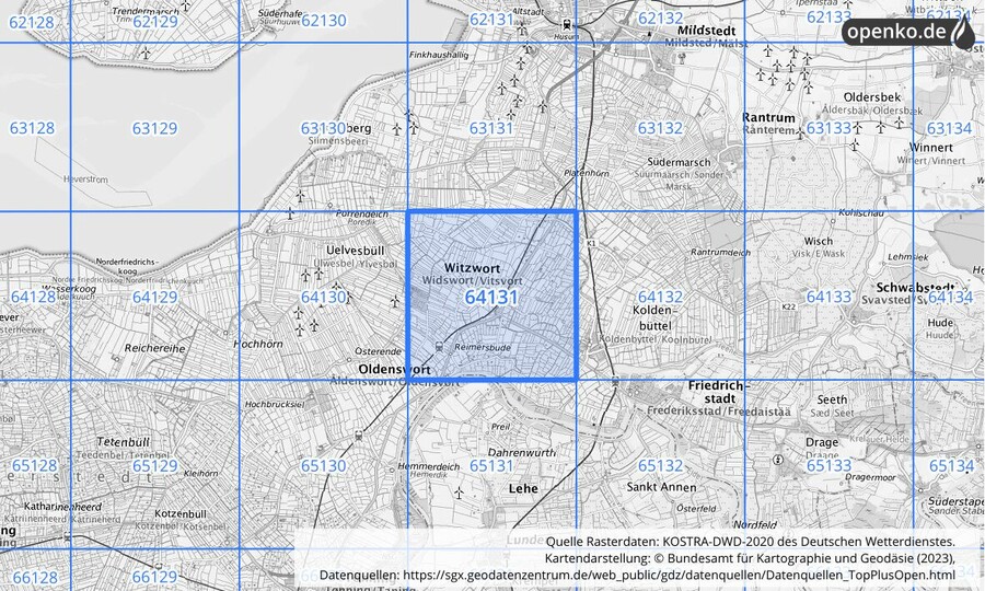 Übersichtskarte des KOSTRA-DWD-2020-Rasterfeldes Nr. 64131