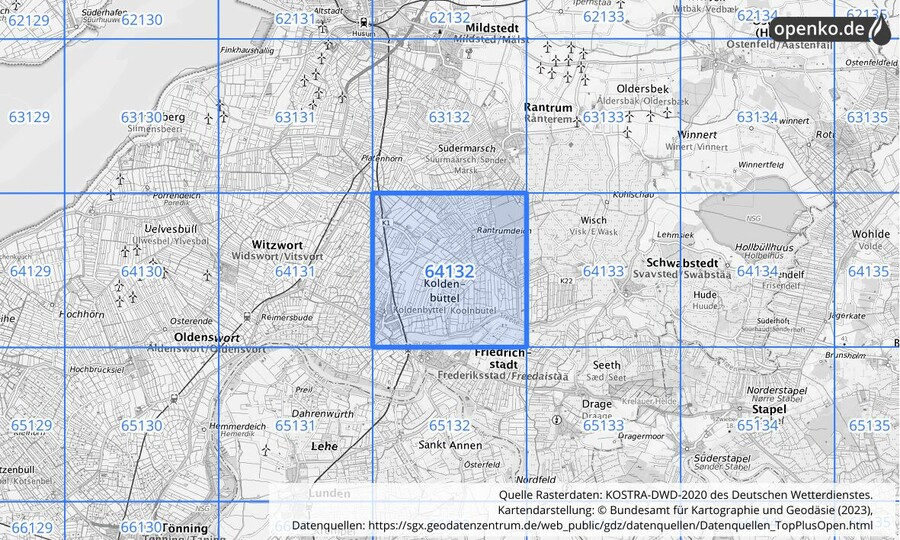 Übersichtskarte des KOSTRA-DWD-2020-Rasterfeldes Nr. 64132