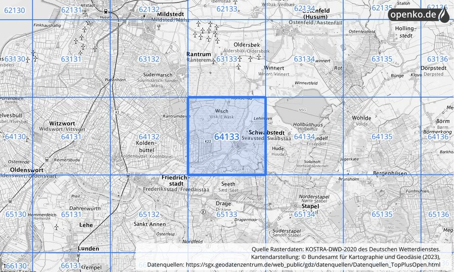 Übersichtskarte des KOSTRA-DWD-2020-Rasterfeldes Nr. 64133
