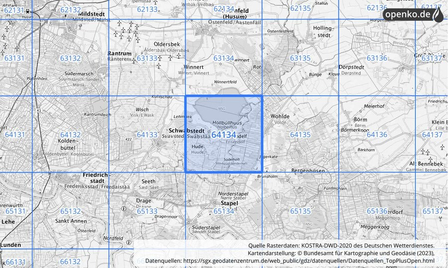 Übersichtskarte des KOSTRA-DWD-2020-Rasterfeldes Nr. 64134