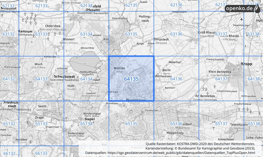 Übersichtskarte des KOSTRA-DWD-2020-Rasterfeldes Nr. 64135