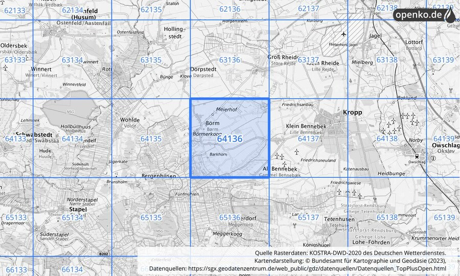 Übersichtskarte des KOSTRA-DWD-2020-Rasterfeldes Nr. 64136