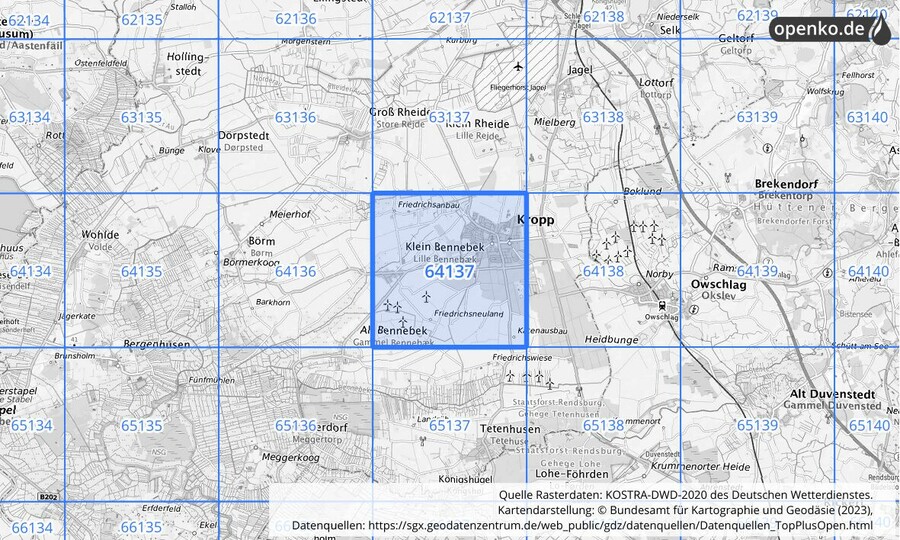 Übersichtskarte des KOSTRA-DWD-2020-Rasterfeldes Nr. 64137