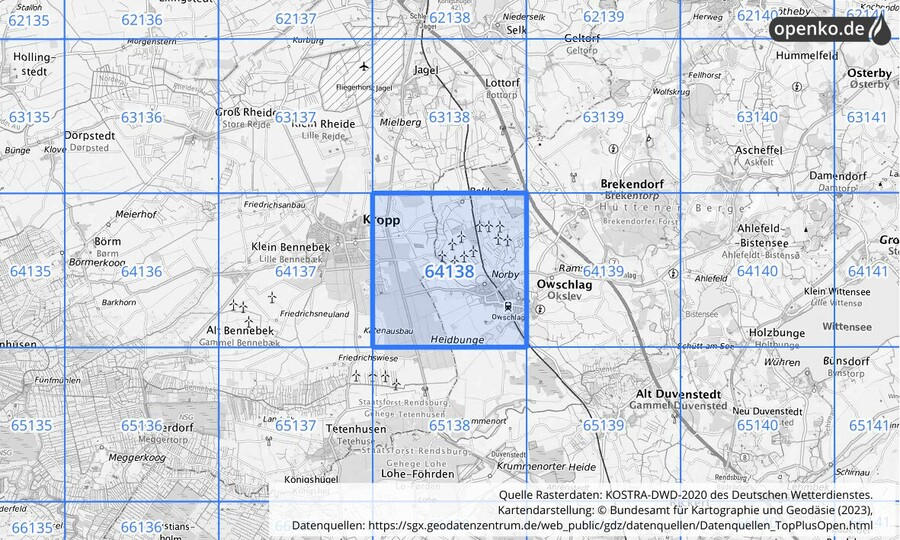 Übersichtskarte des KOSTRA-DWD-2020-Rasterfeldes Nr. 64138