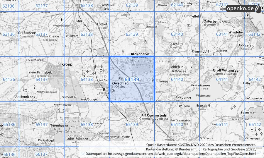 Übersichtskarte des KOSTRA-DWD-2020-Rasterfeldes Nr. 64139