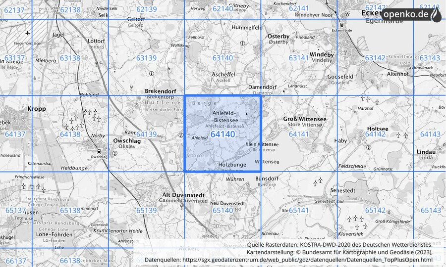 Übersichtskarte des KOSTRA-DWD-2020-Rasterfeldes Nr. 64140