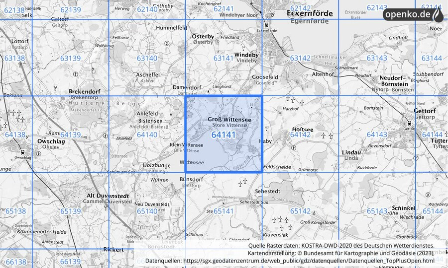 Übersichtskarte des KOSTRA-DWD-2020-Rasterfeldes Nr. 64141