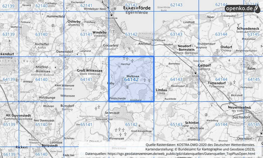 Übersichtskarte des KOSTRA-DWD-2020-Rasterfeldes Nr. 64142